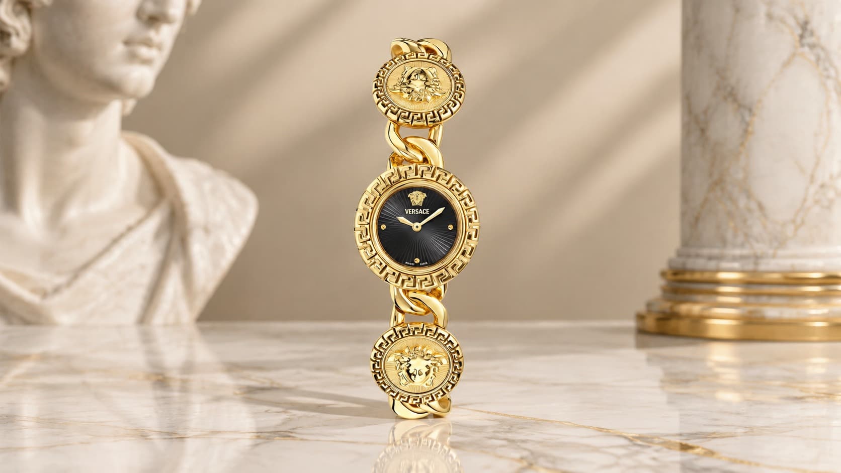 Versace La Greca Stud Icon watch with gold chain bracelet and Medusa medallions