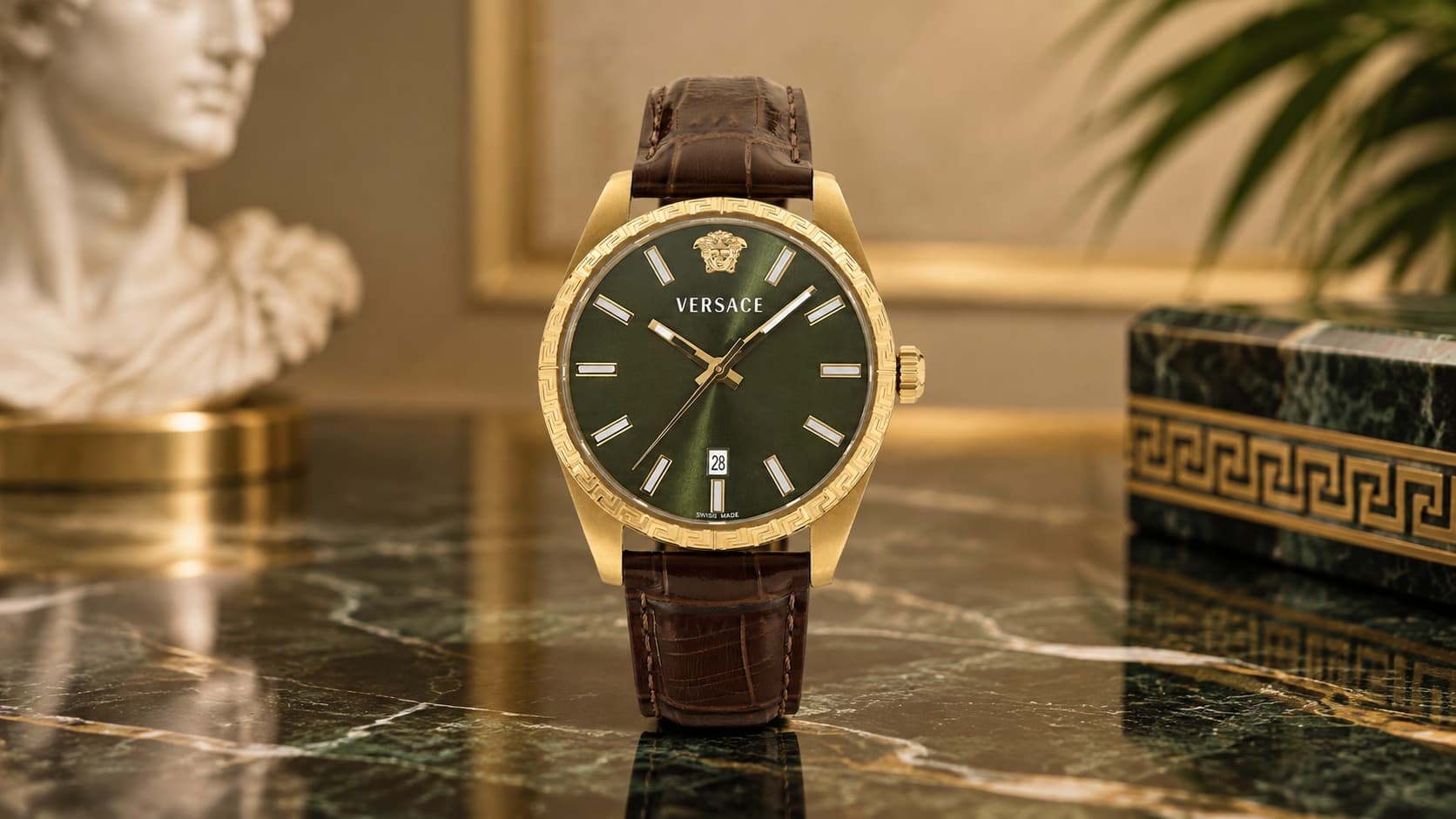 Versace Millenyium Gent watch with green dial and gold Greek key bezel