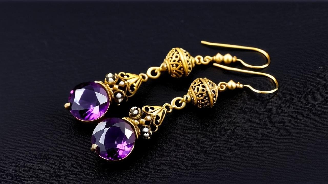 Victorian gold drop earrings with round amethysts and filigree beadwork