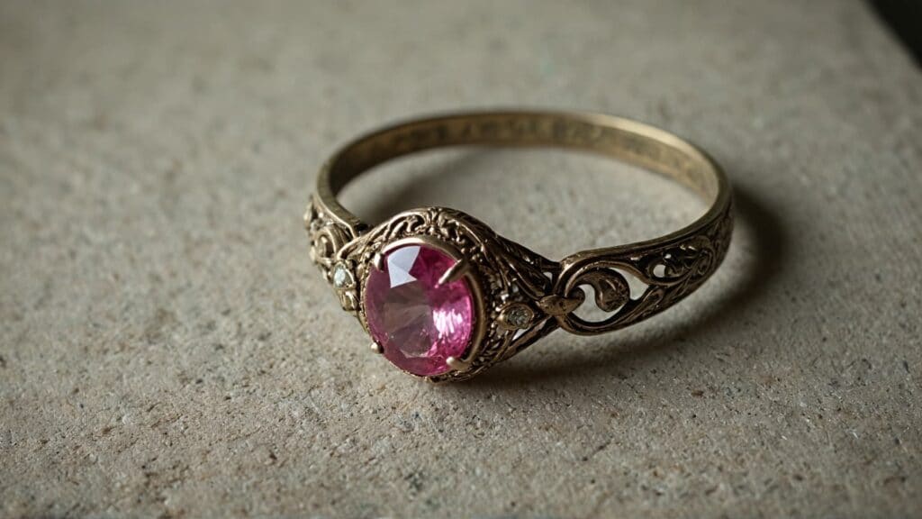 Victorian era style ring with foil backed pink gemstone in closed back gold setting showing intricate metalwork and foil enhancement technique