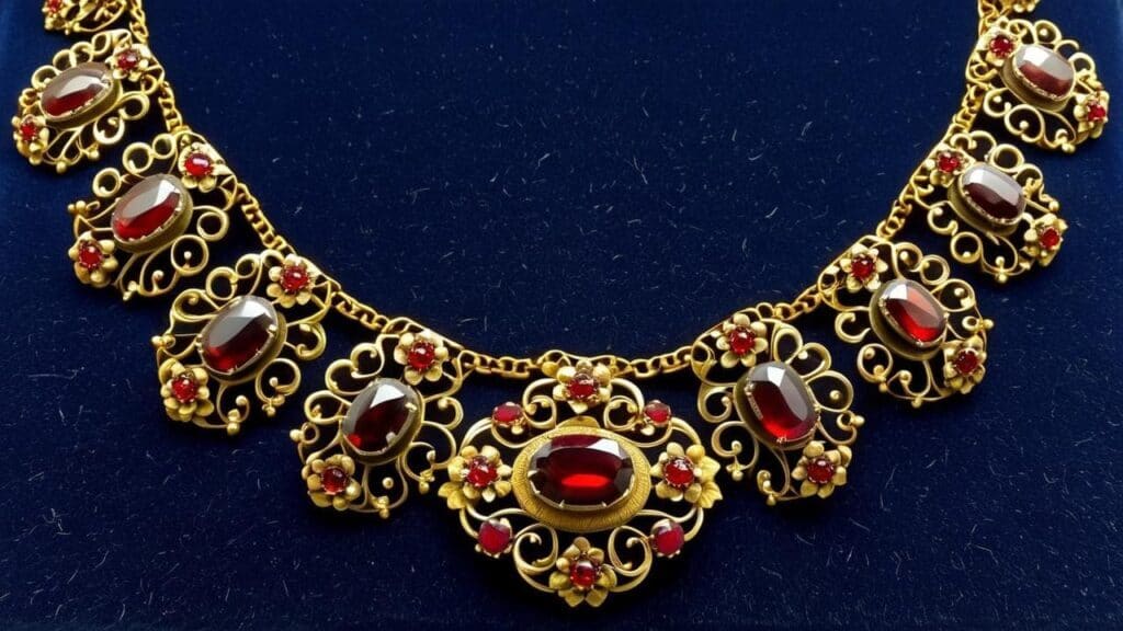 Victorian gold choker necklace with deep red garnet gemstones and ornate floral filigree, displayed on a dark velvet background.