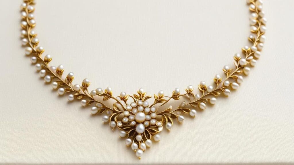 Victorian-era gold necklace featuring delicate pearl-adorned floral motifs, elegantly designed with intricate craftsmanship.