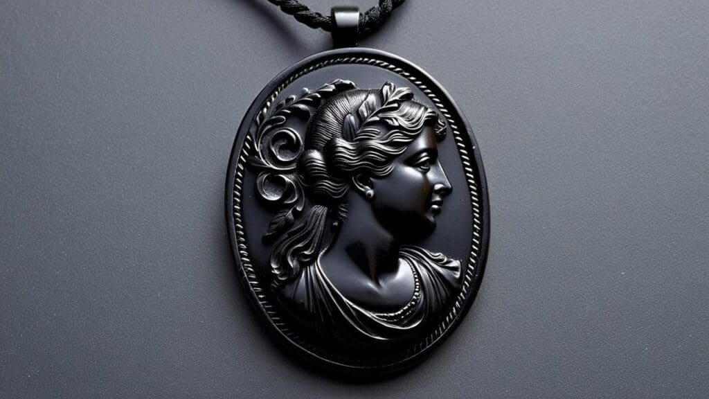 Victorian gutta percha cameo pendant featuring an intricately carved woman's profile, showcasing the elegance of 19th-century mourning jewelry.