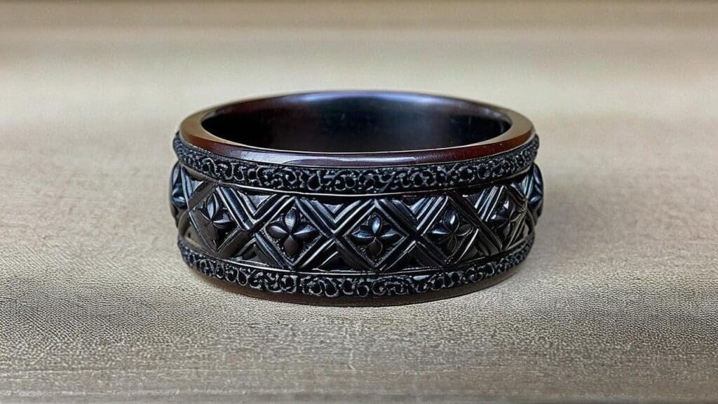 Antique Victorian gutta percha ring with intricate geometric and floral carvings, a rare example of 19th-century mourning jewelry.