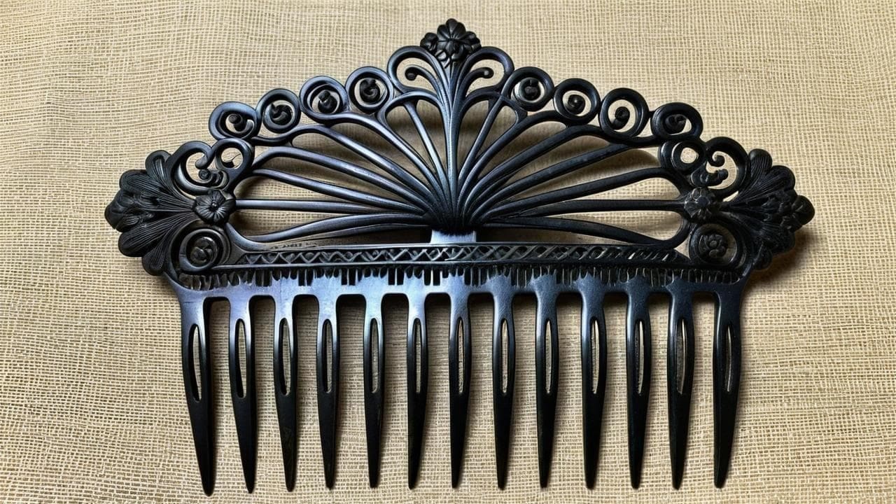Victorian black hair comb carved with a fan of scrolls and flowers on burlap
