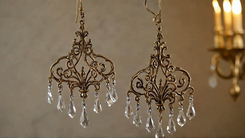 Victorian Pinchbeck chandelier earrings with ornate golden brass metalwork and crystal drops demonstrating elaborate decorative techniques possible with copper-zinc alloy