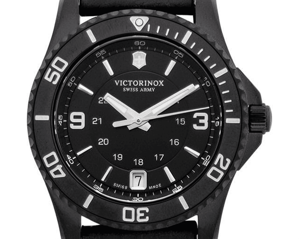 All-black Victorinox Maverick with rotating bezel and silver accents