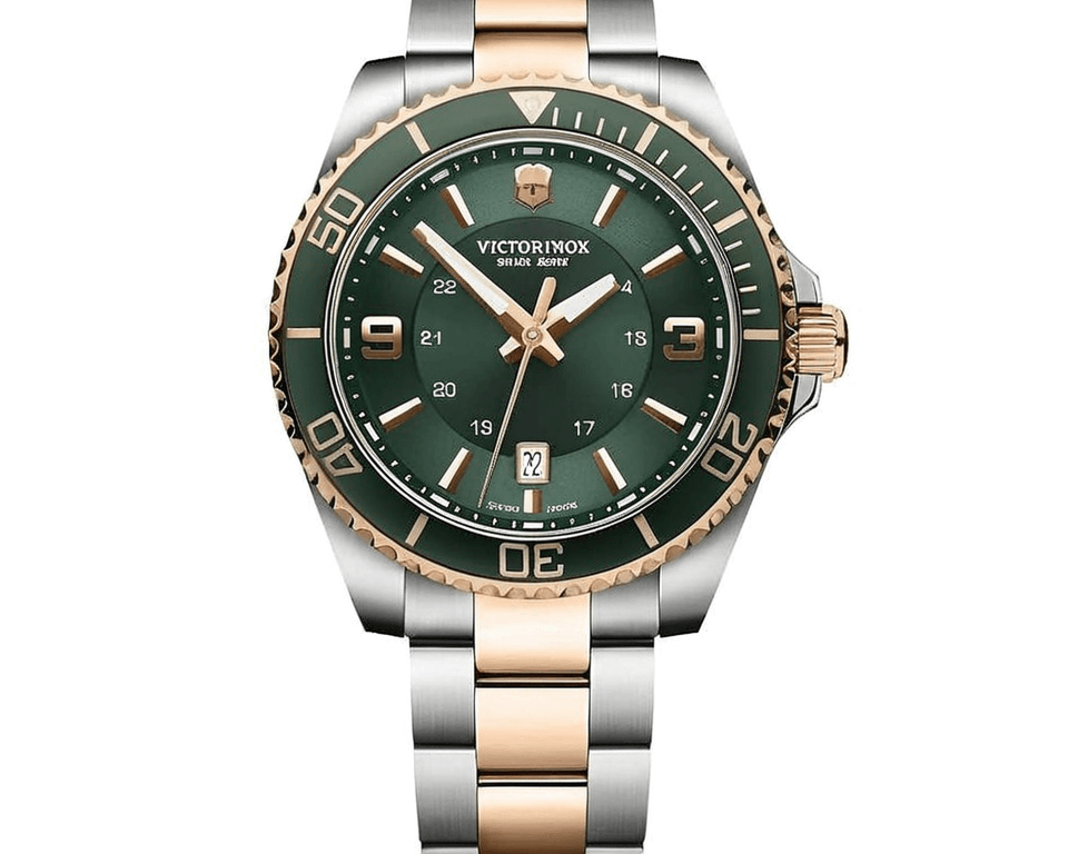 Victorinox Swiss Army dive watch with green dial, rotating bezel, and two-tone steel and rose gold bracelet