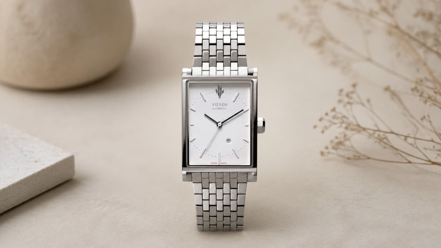 Vieren OG Automatic watch with matte white dial and stainless steel bracelet