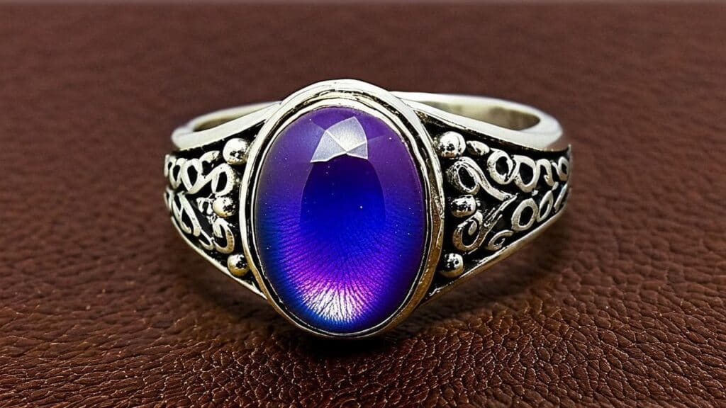 Vintage 1970s mood ring with color-changing blue-purple stone in ornate silver setting