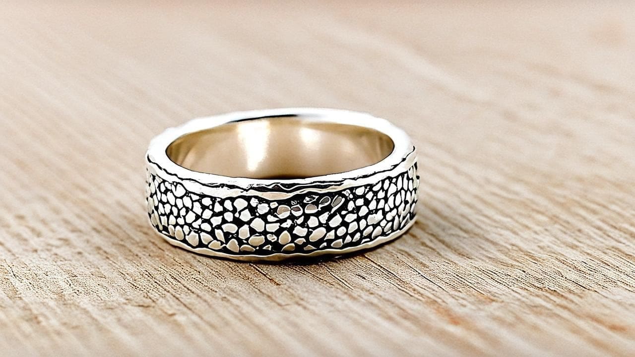 Silver band ring with a pebbled hammered texture on pale wood