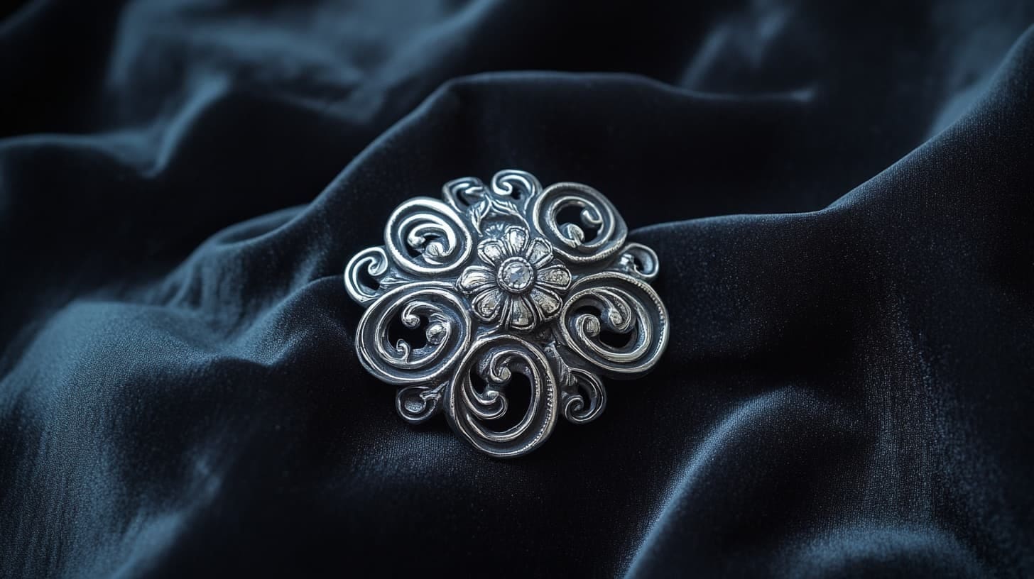Ornate silver brooch of swirling scrollwork around a flower on dark velvet
