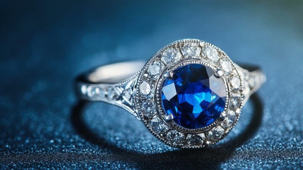Close-up of a vintage Art Deco sapphire ring featuring a vibrant blue gemstone surrounded by a diamond halo, set in white metal with intricate detailing.