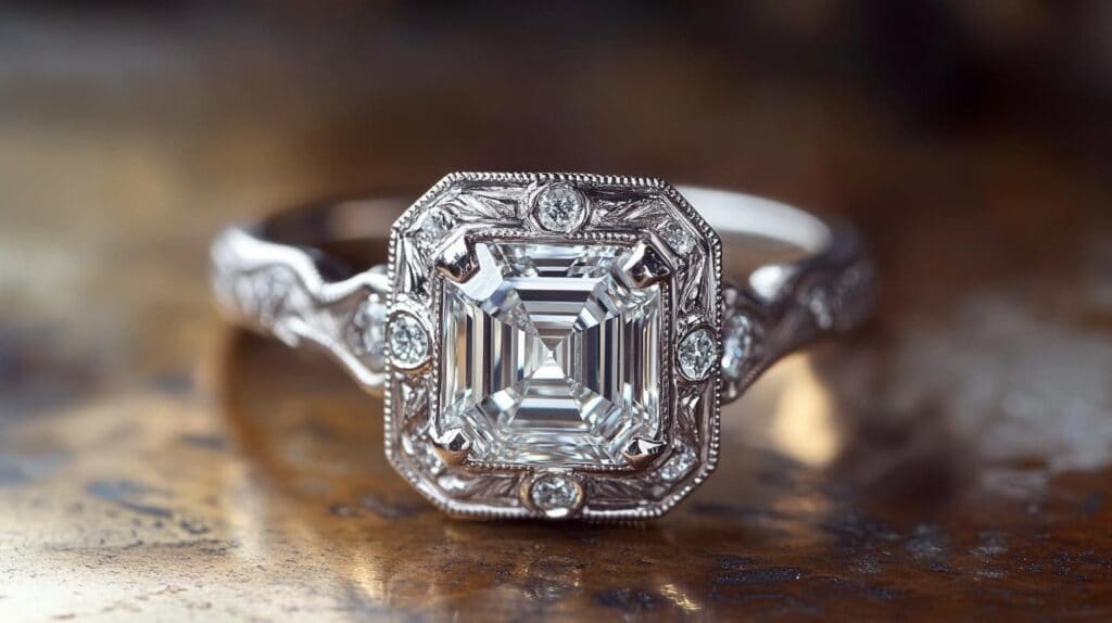 A vintage Asscher cut diamond engagement ring with intricate filigree details and side diamonds set in white gold.