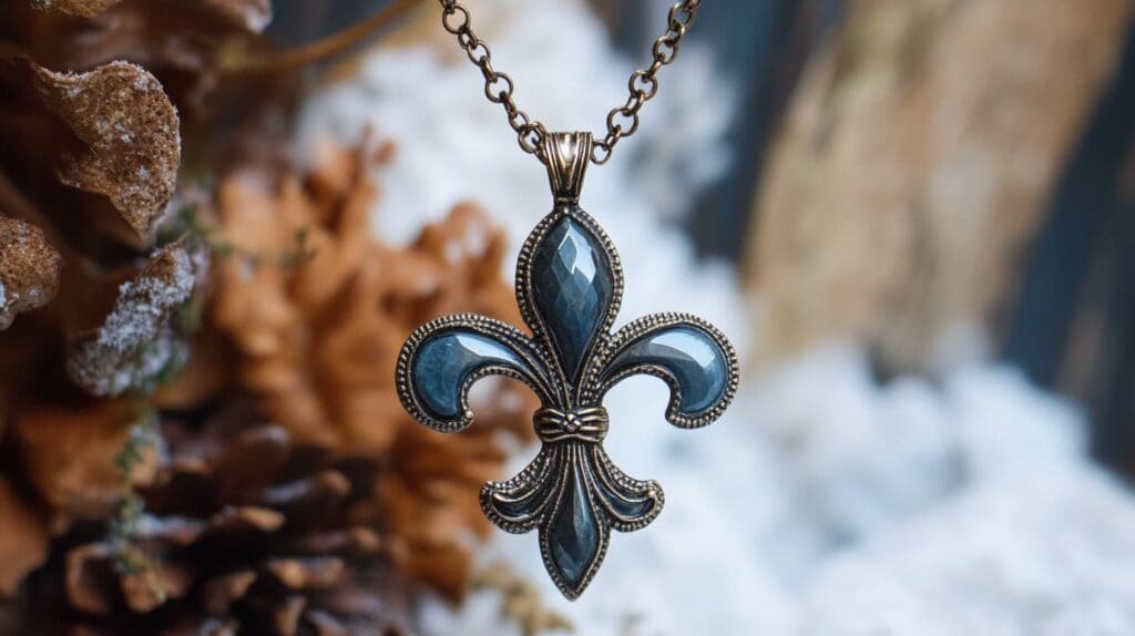 Vintage-inspired fleur-de-lis pendant necklace with faceted blue stone detailing, symbolizing elegance and historical significance.