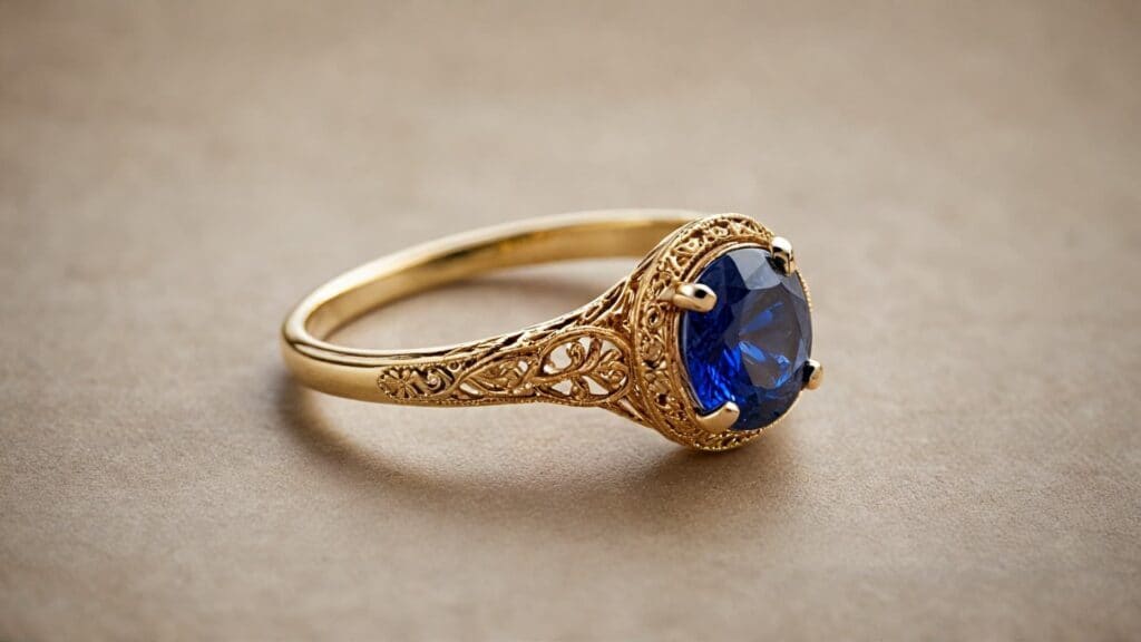 Vintage-style blue sapphire engagement ring with intricate gold filigree detailing, set on a delicate band.