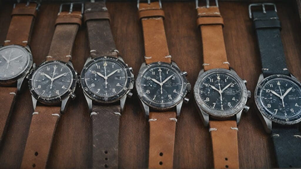 A row of vintage British military watches with worn leather straps, featuring chronograph dials and rugged designs.