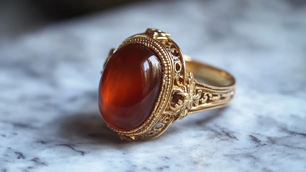 Elegant vintage-style carnelian ring with a deep red cabochon stone set in an ornate gold band, placed on a marble surface.
