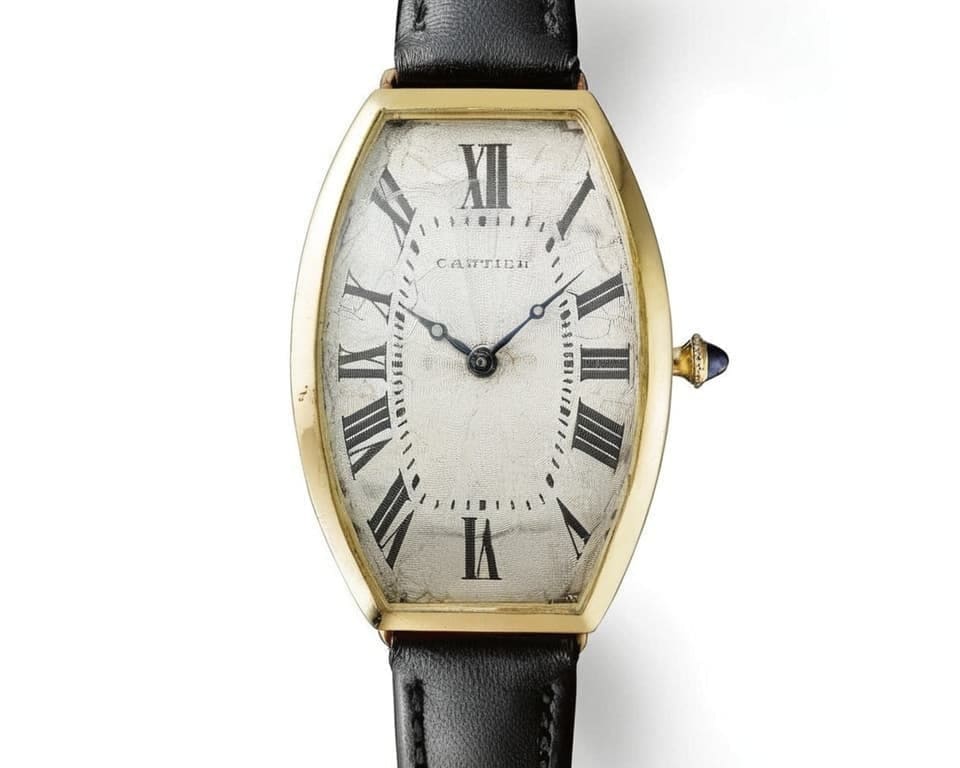 Vintage Cartier tonneau watch with gold case and aged patina dial displaying classic early 20th century barrel-shaped case design