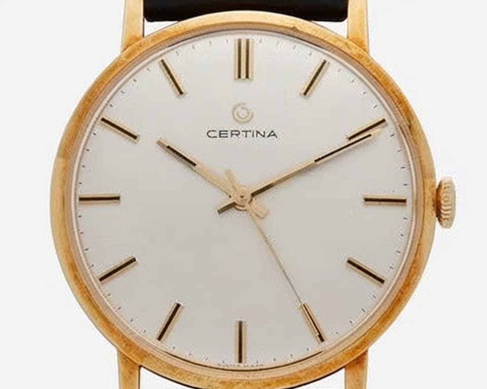 Vintage Certina watch featuring gold case white dial black baton markers and leather strap representing classic Swiss watchmaking heritage