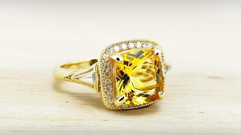 Vintage-style citrine ring with cushion-cut golden gemstone and diamond accents in a yellow gold setting