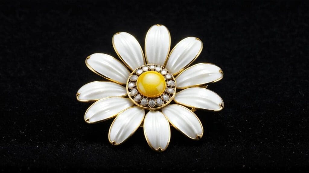 Vintage gold daisy brooch with white enamel petals, yellow center, and pearl accents against black background