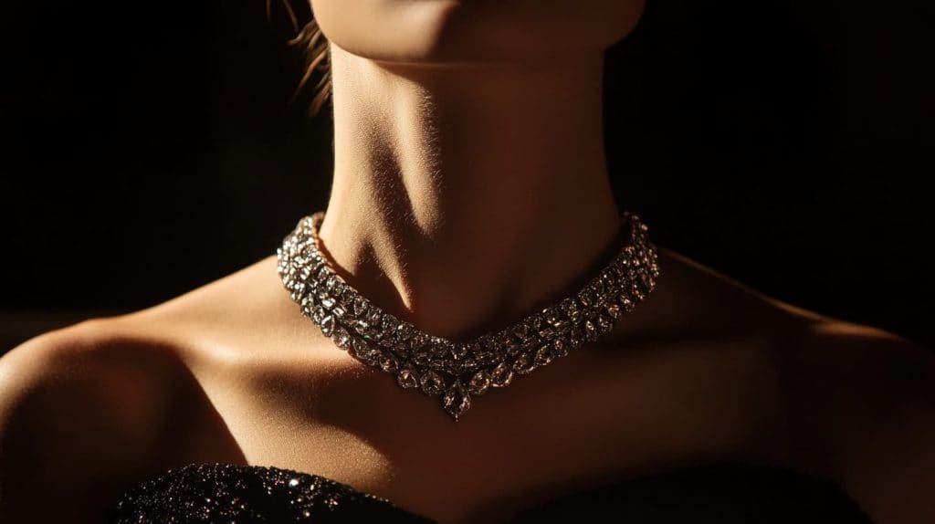 Vintage diamond choker necklace styled with a strapless black dress, perfect for evening glamour.