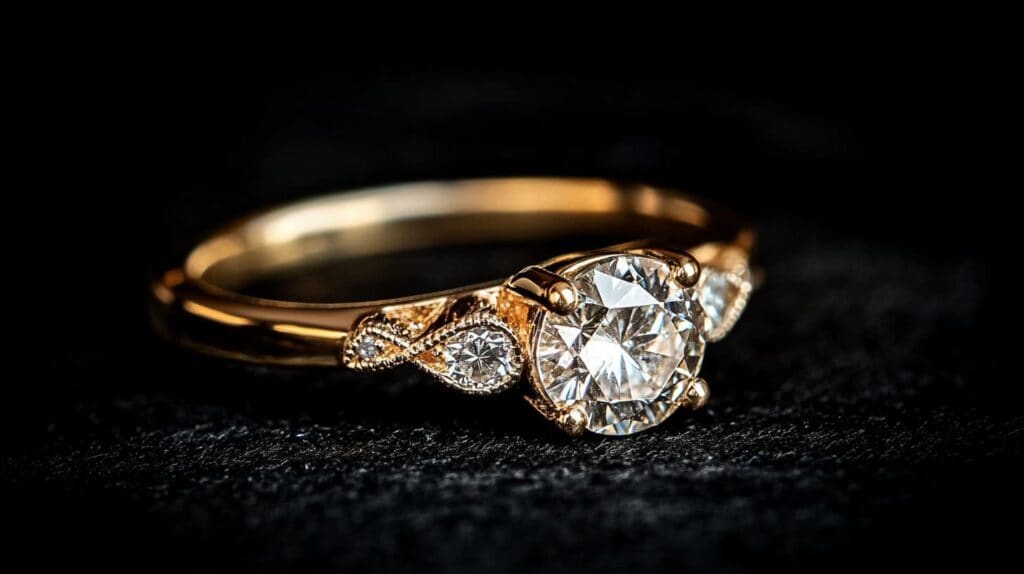 Vintage diamond engagement ring with a gold band, featuring intricate side stone details, perfect as a family heirloom.