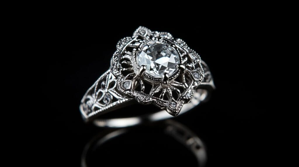 Elegant vintage diamond ring with intricate details and a white gold finish, highlighting the effects of rhodium plating on fine jewelry.