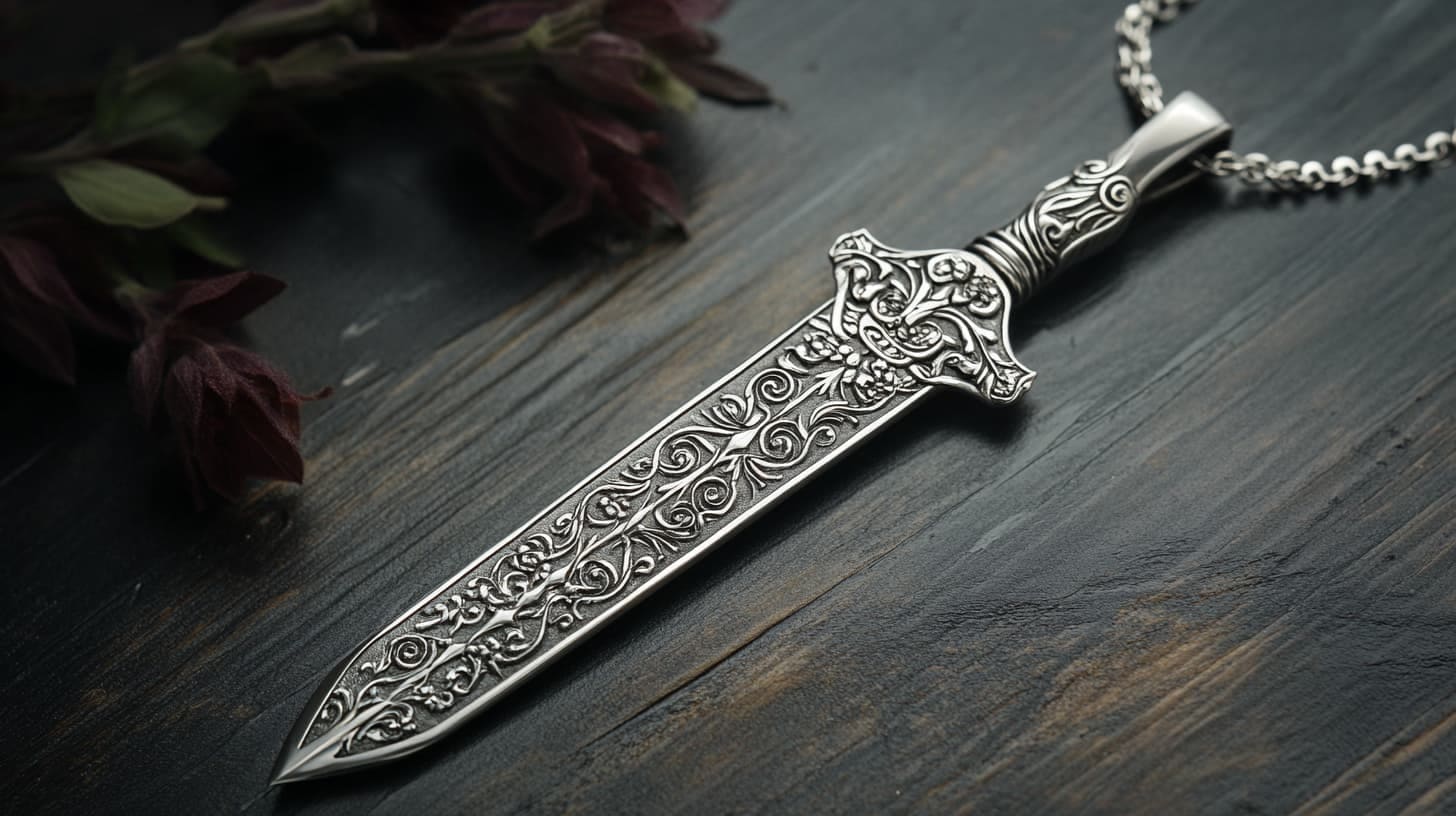 Silver dagger pendant with engraved scrollwork blade on a dark wooden table