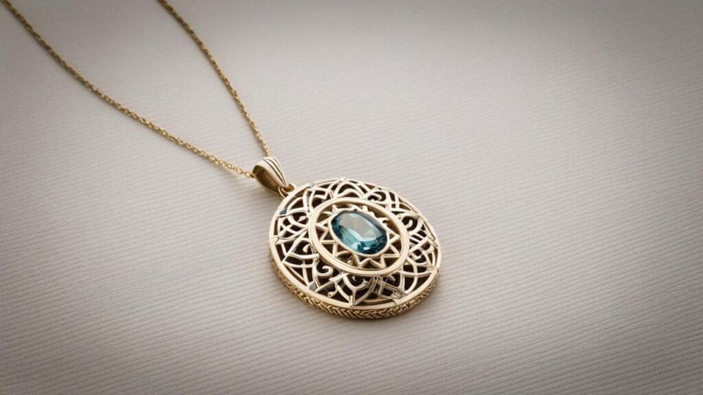 Vintage estate jewelry gold pendant with a blue gemstone centerpiece and ornate filigree design reflecting historical craftsmanship.