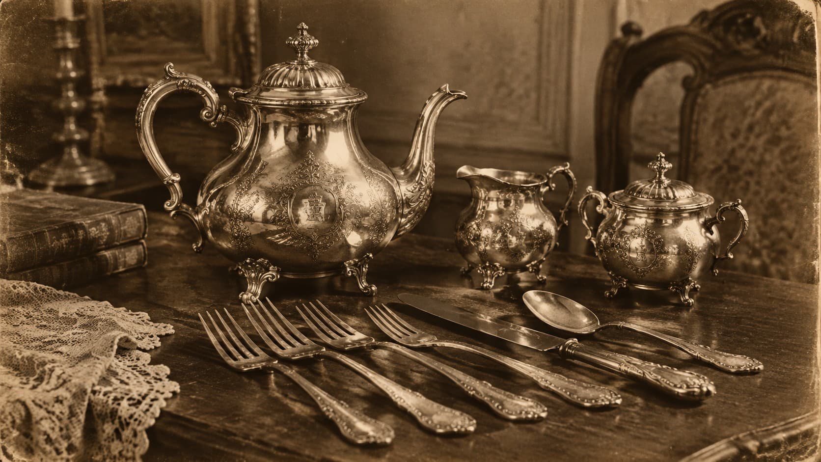 Vintage silver-plated teapot, creamer, sugar bowl, and flatware set from the 1800s