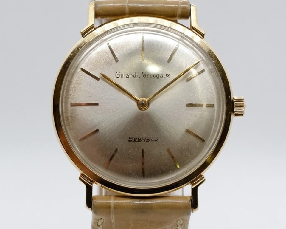 Vintage Girard Perregaux gold dress watch with silver sunburst dial and leather strap showcasing classic Swiss watchmaking design
