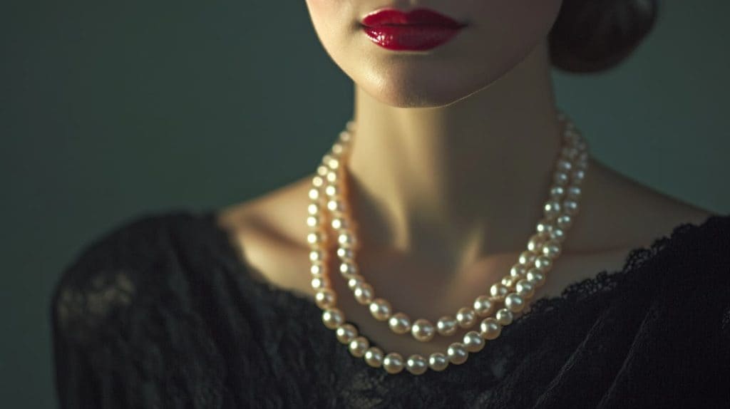 Woman wearing a multi-strand pearl necklace paired with a black lace dress and red lipstick, evoking timeless vintage glamour.