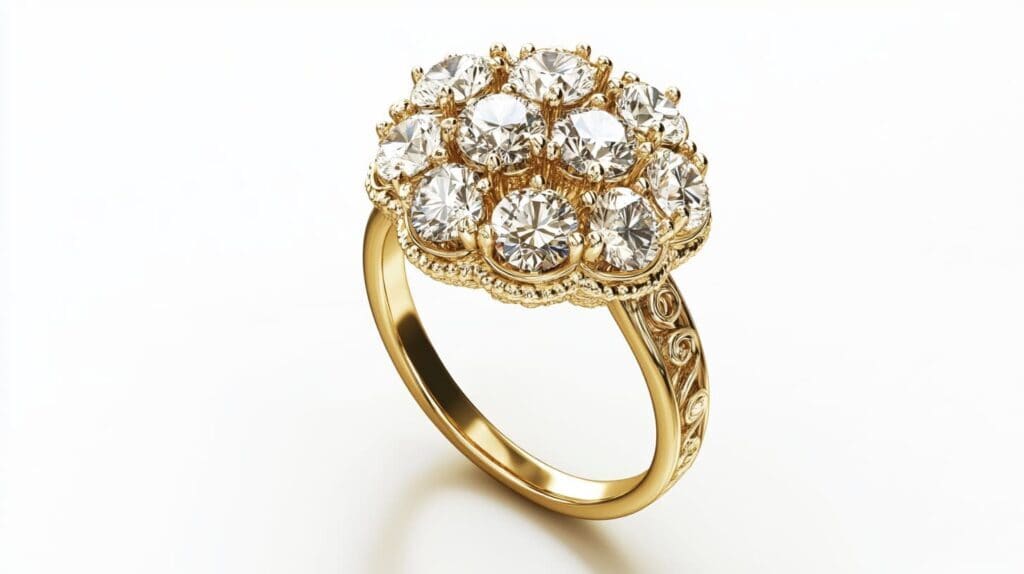Vintage-inspired gold cluster ring featuring brilliant diamonds arranged in an ornate milgrain setting.