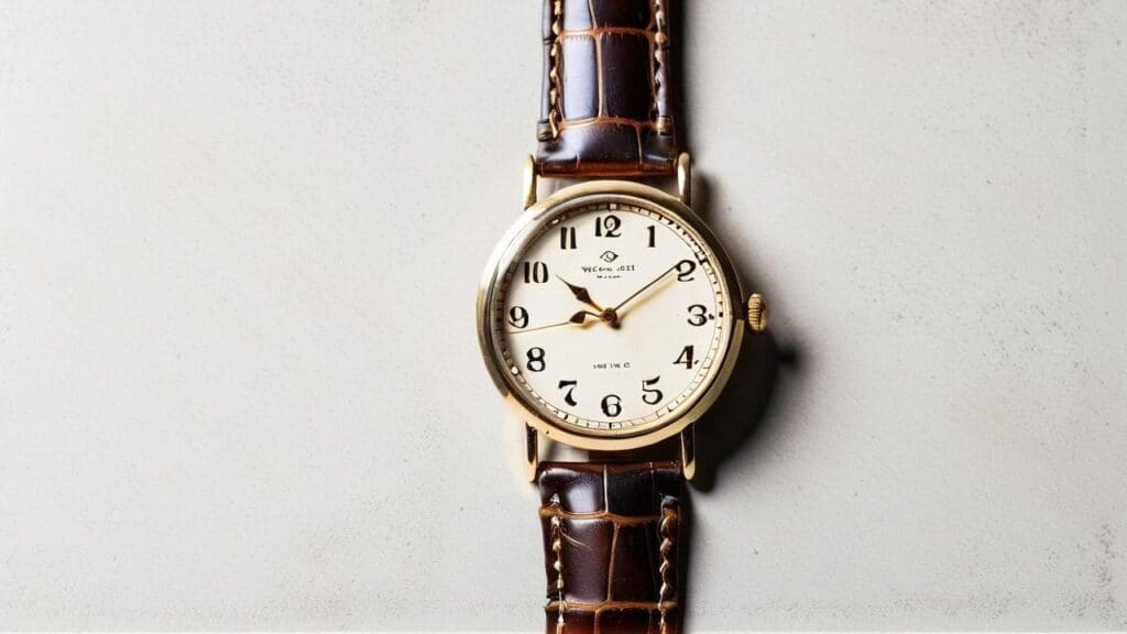 Vintage gold-toned dress watch with white dial, Arabic numerals, and brown leather strap showing classic heirloom watch design