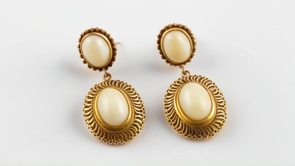 Vintage gold and ivory drop earrings with oval cabochons and decorative filigree frames