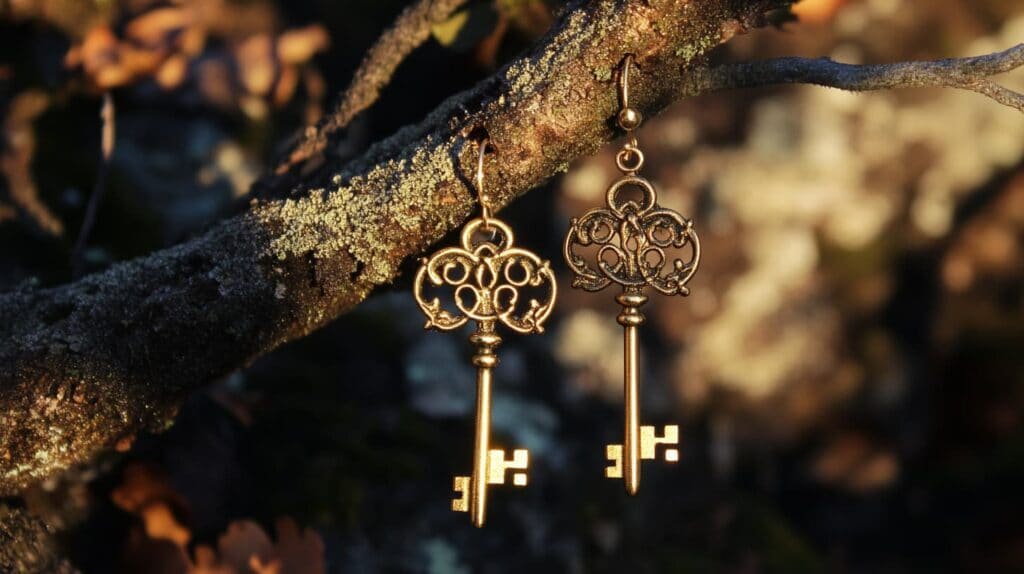Vintage gold key earrings with intricate designs hanging from a tree branch.
