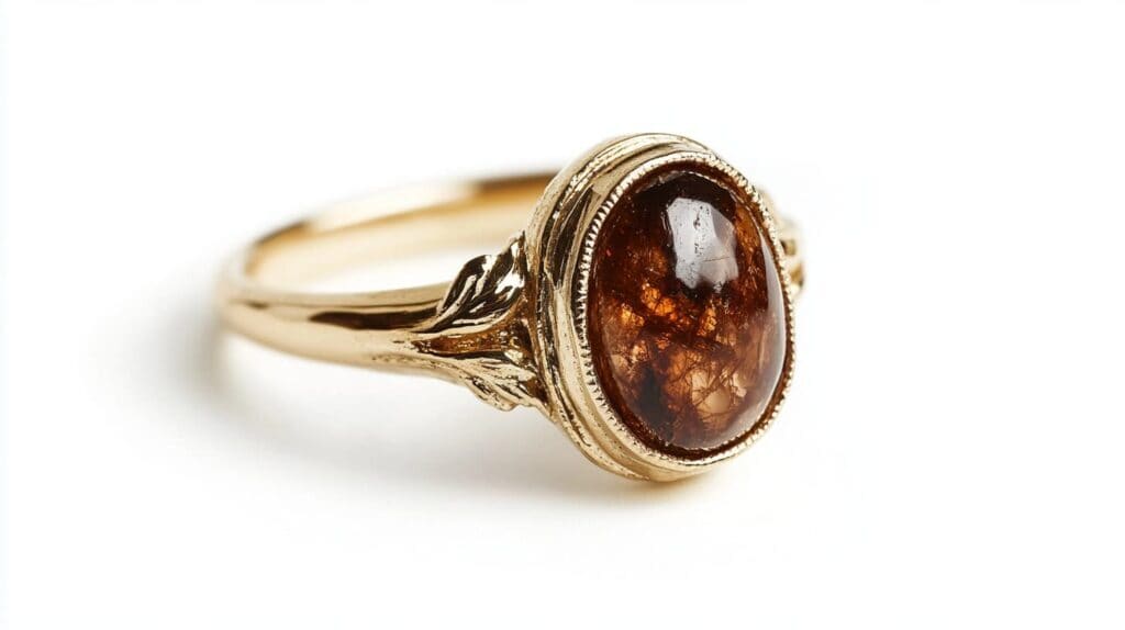 Vintage gold ring featuring a cabochon-cut Andalusite gemstone with reddish-brown tones and natural inclusions.