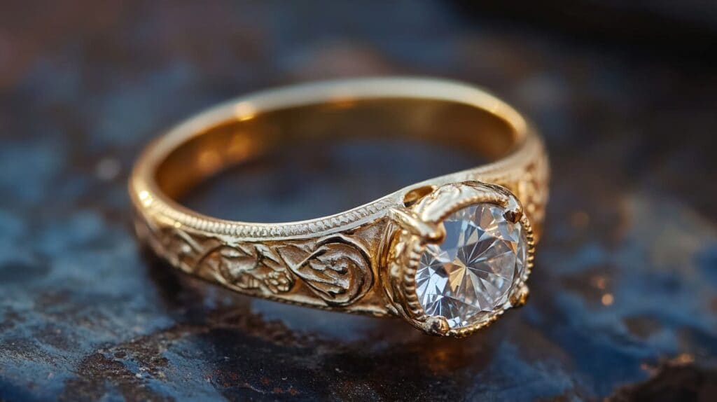 Close-up of a vintage gold ring featuring a rose cut diamond with intricate engraved details on the band.