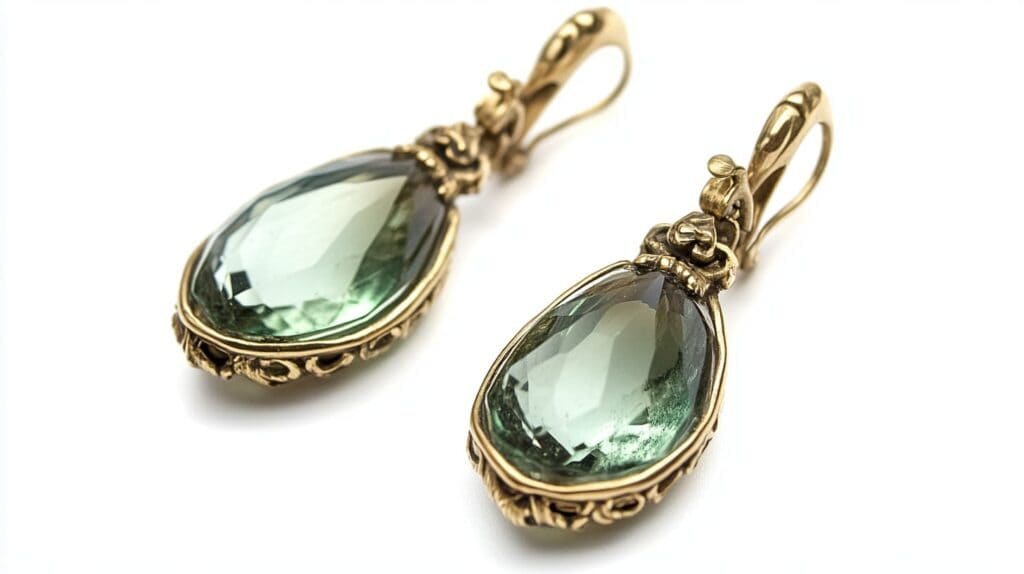 Pair of vintage-style green beryl earrings with intricate gold settings, emphasizing their elegant design.
