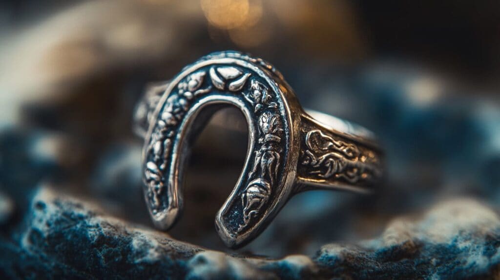 Close-up of a vintage silver horseshoe ring with intricate detailing, symbolizing luck and protection.