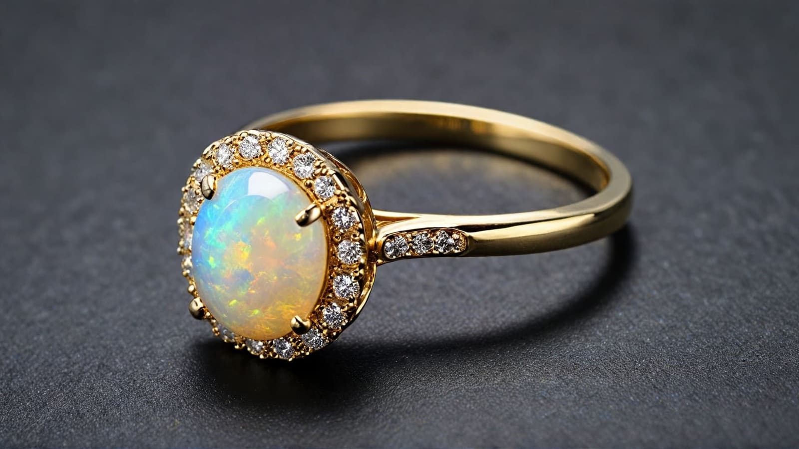 Yellow gold engagement ring with round rainbow opal in a diamond halo