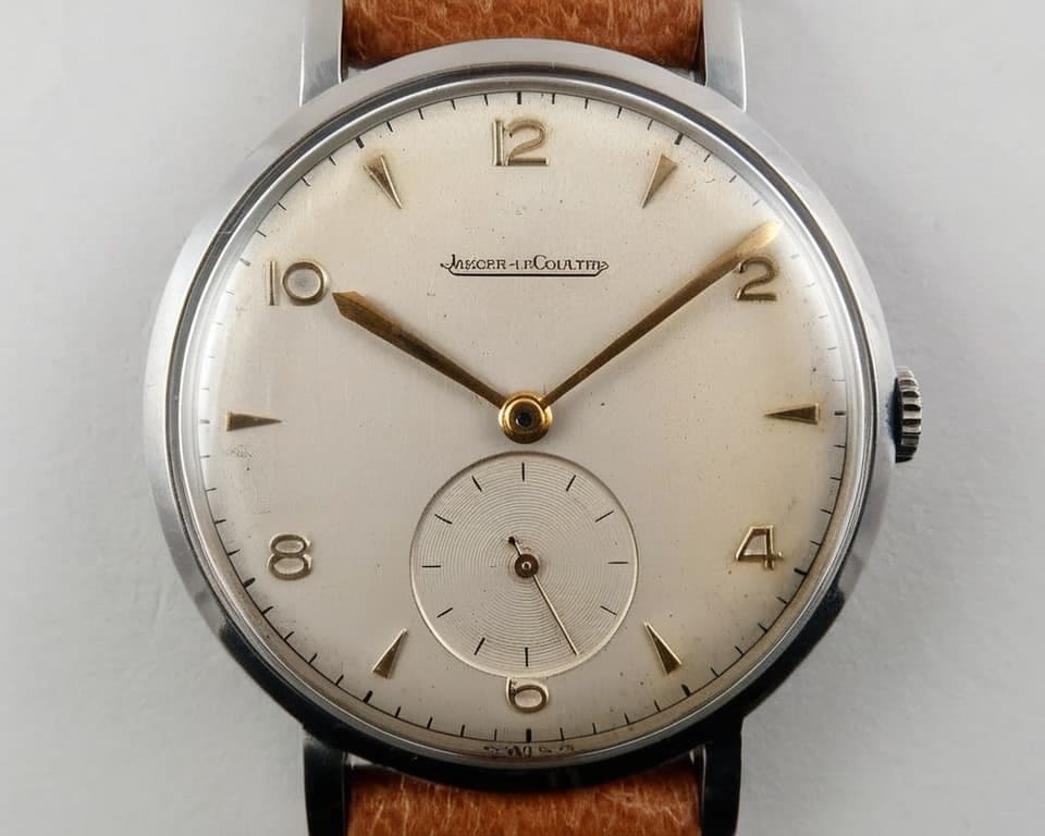 Vintage Jaeger-LeCoultre dress watch with cream dial, Arabic numerals, small seconds subdial at 6 o'clock, and brown leather strap