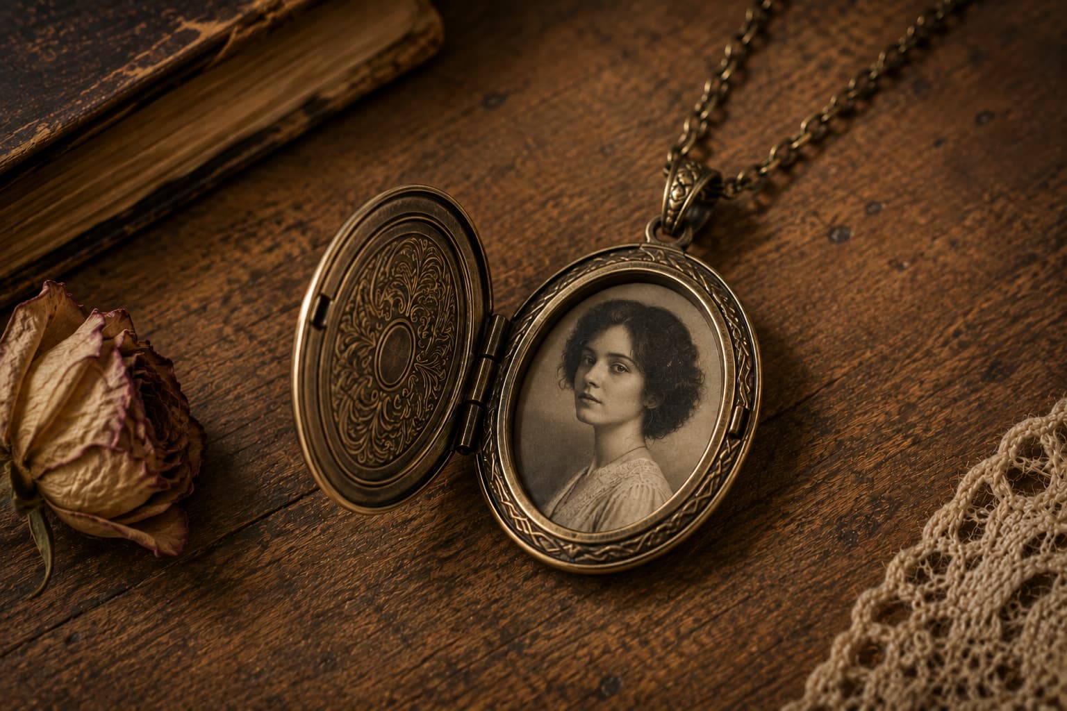 Vintage brass locket necklace open with a sepia-toned portrait photo inside