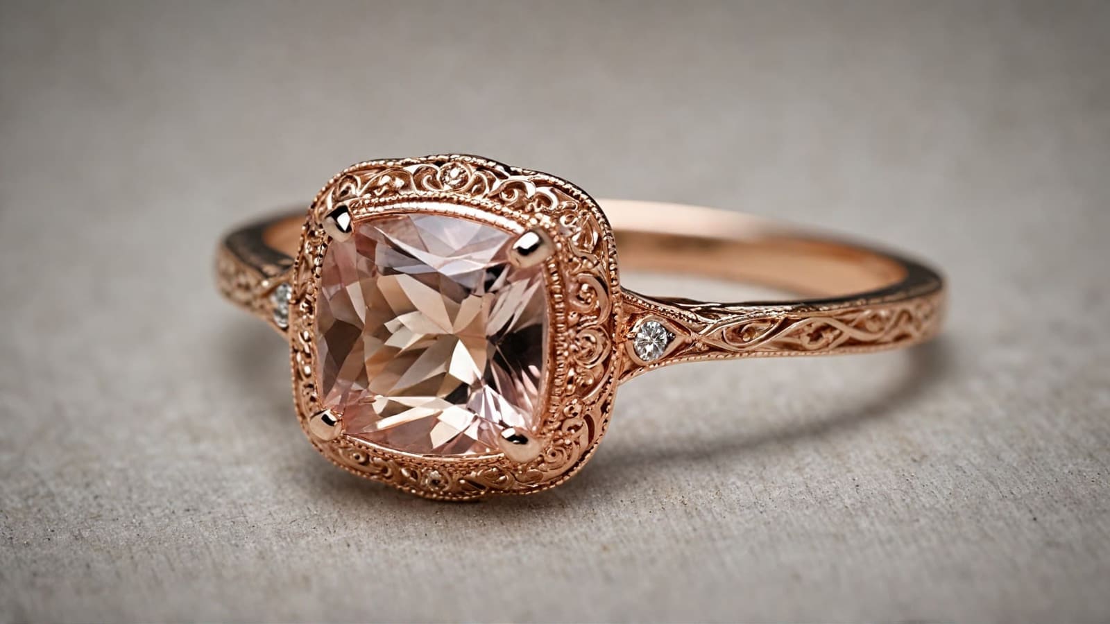 Vintage rose gold engagement ring with cushion-cut peachy morganite and filigree halo