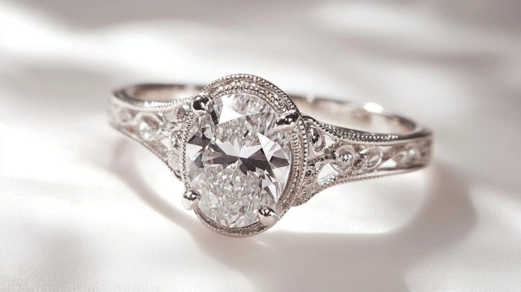 Intricate vintage-style engagement ring featuring an oval-cut diamond set in an ornate, filigree white gold band with delicate milgrain detailing.