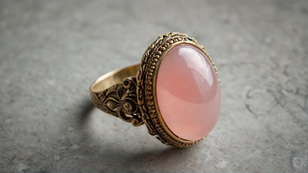 An ornate vintage gold ring featuring an oval pink calcite cabochon, resting on a textured gray surface.