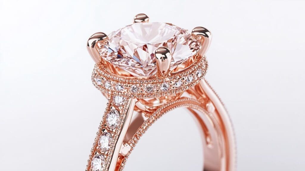 Vintage-inspired rose gold engagement ring with a detailed basket setting, featuring round-cut diamond and intricate filigree metalwork.