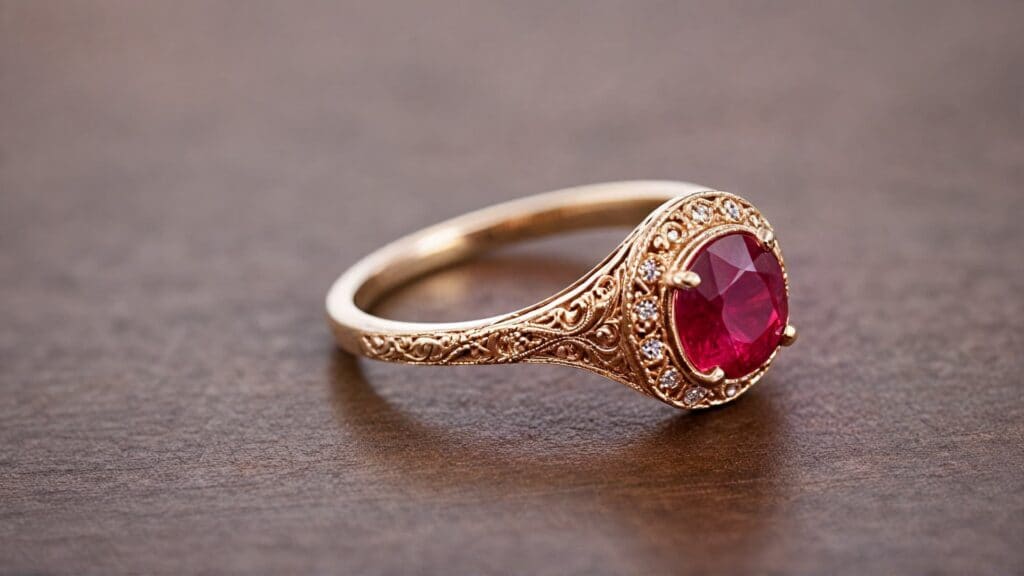 A vintage-style ruby engagement ring in rose gold, featuring an ornate engraved setting with small diamond accents surrounding the deep red center stone.